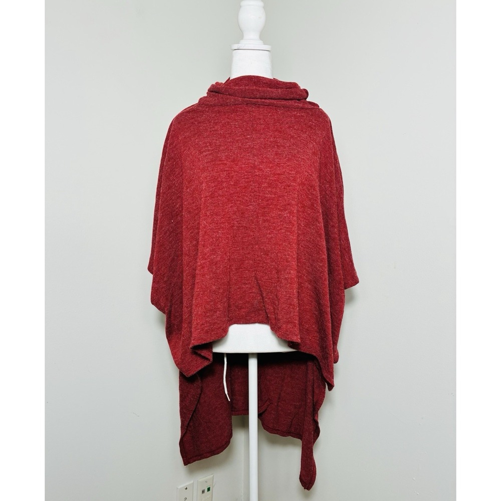 P. Luca  milano Cowl Neck Wool Blend Poncho Hi/low Hem One Size Red Boho‎